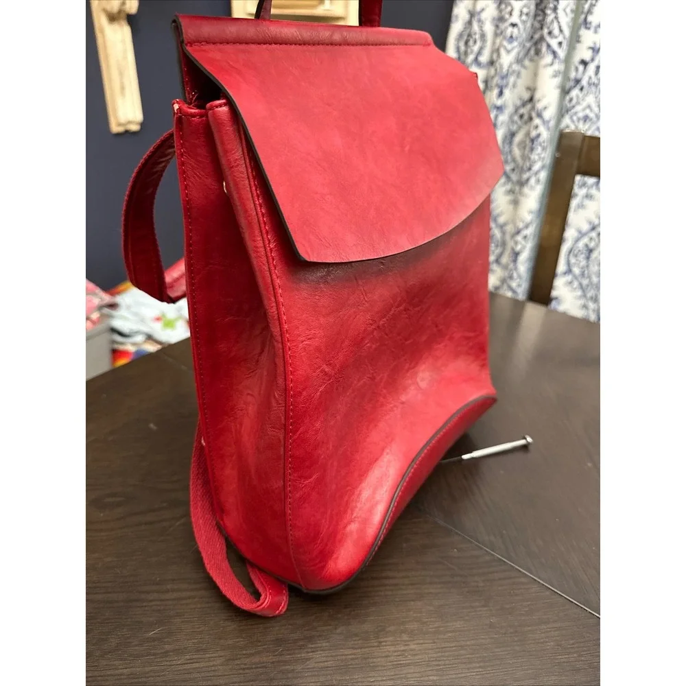 Red Vegan Leather Minimalist Backpack Gold‎ Hardware Flap Closure Red